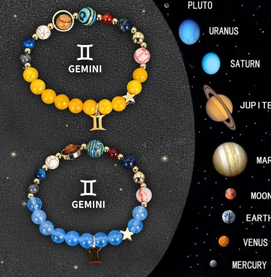 Natural stone beaded zodiac bracelets with adjustable length and twelve astrological sign charms