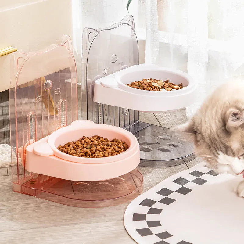 Grey pet bowl with cat ear handles showing height adjustment mechanism and anti-spill design