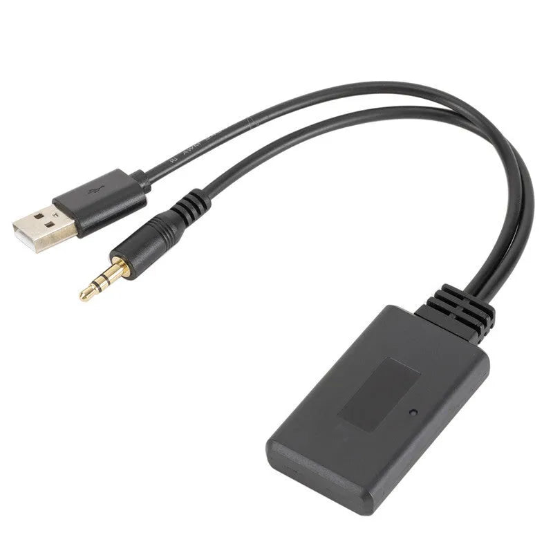 Black car AUX Bluetooth audio receiver with 3.5mm plug and USB cable for wireless music streaming