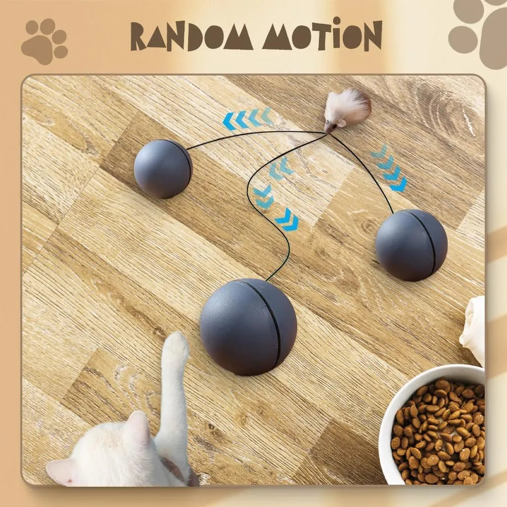 Blue and orange automatic rolling ball pet toy on a floor