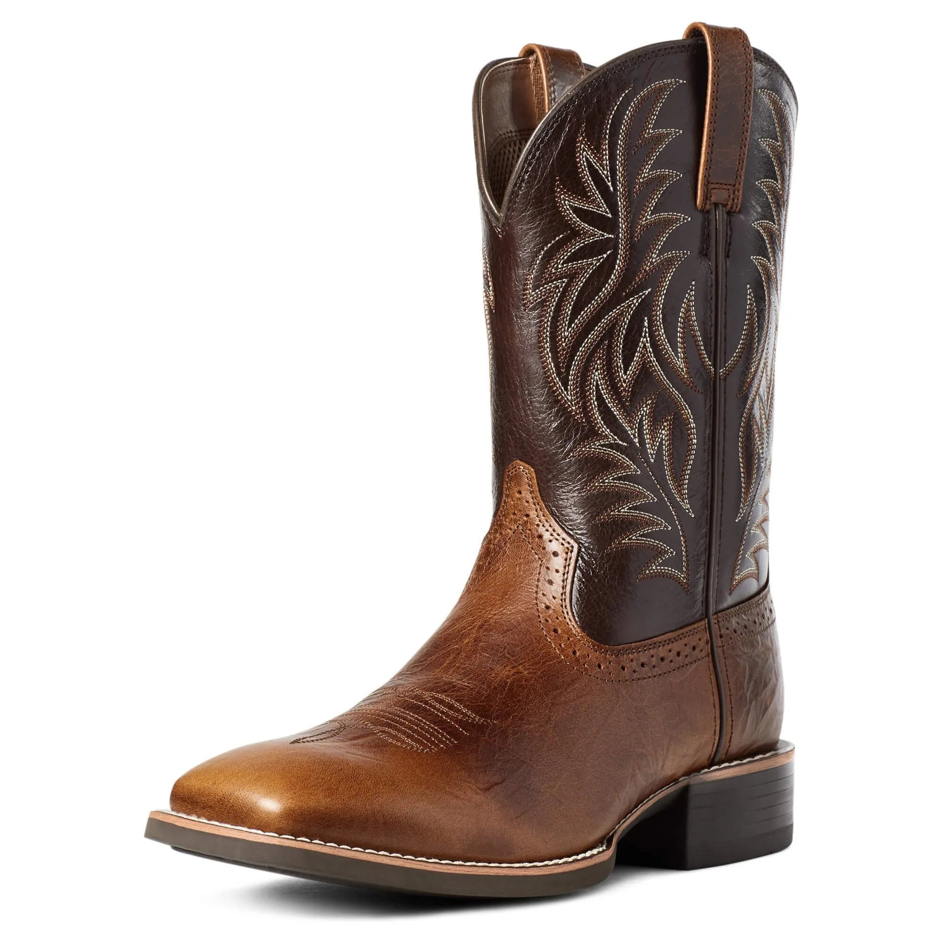 Black Western cowboy boot with high embroidery stitching, square toe, and low heel on a neutral background