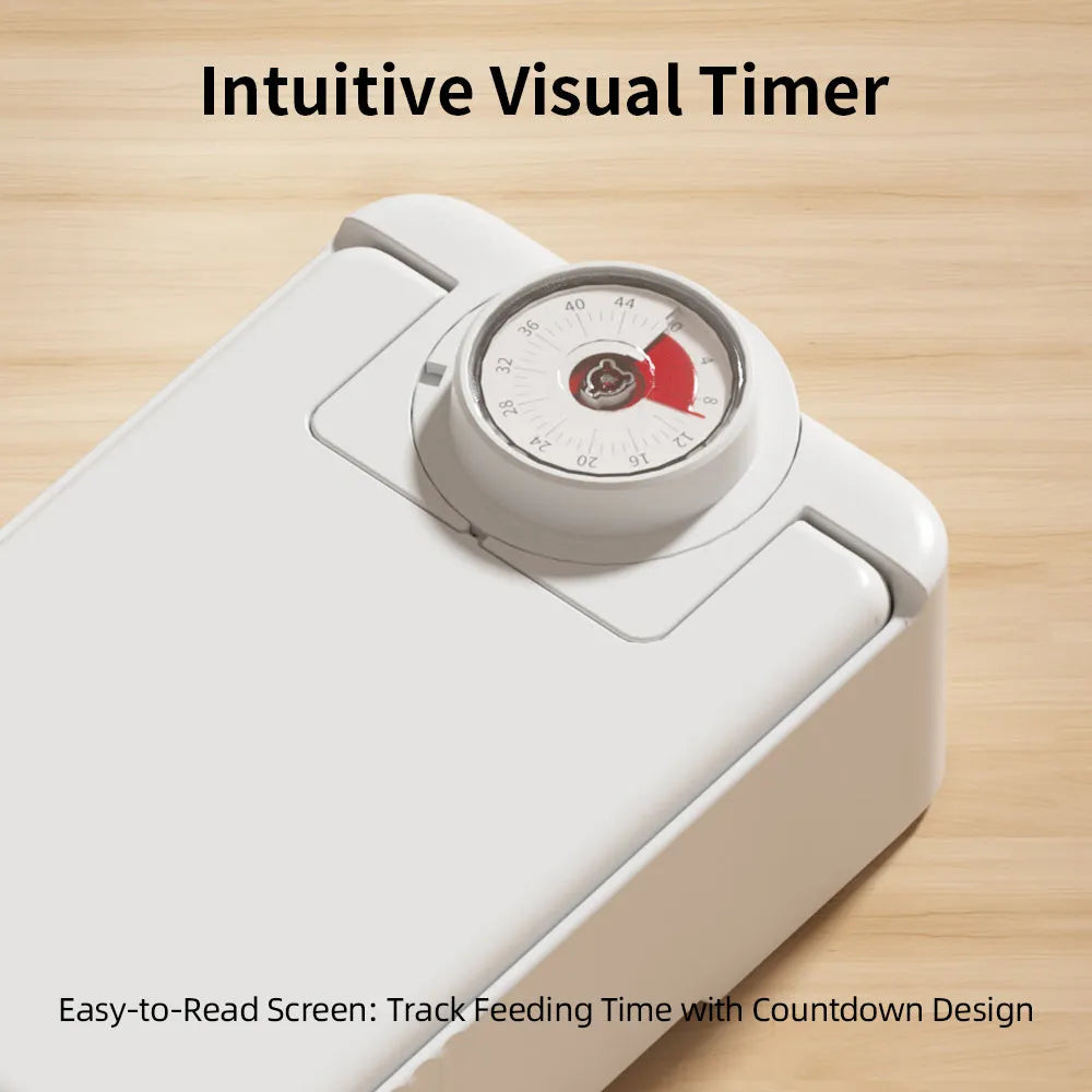 White automated pet feeder with timer display and a removable ice crystal cooling box underneath.