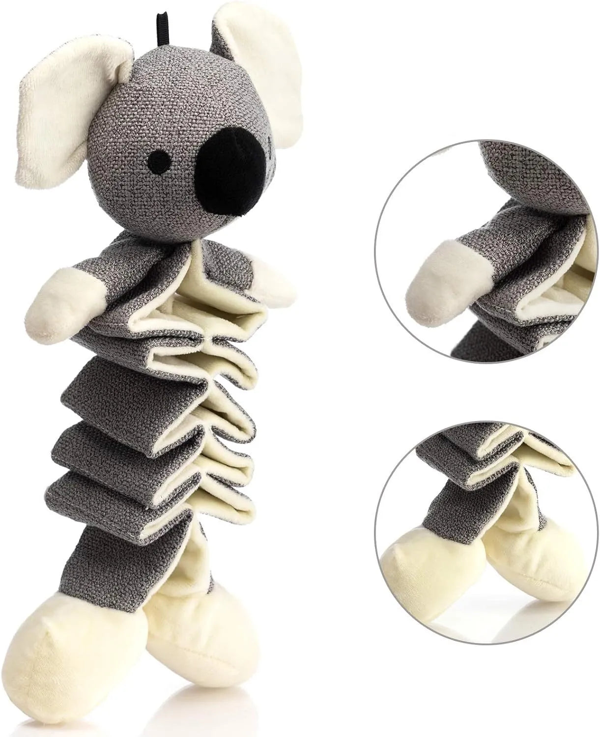 Gray koala-shaped dog toy measuring 30cm with crinkle paper inside and rope reinforcement for durability