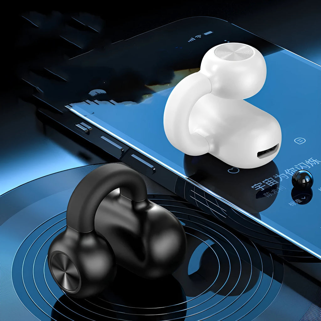 Black wireless Bluetooth clip-on bone conduction earphones showing clip mechanism and compact design