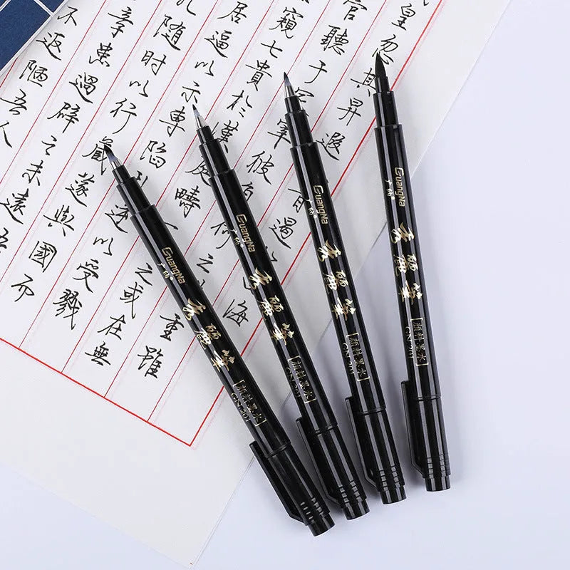 6 piece refillable calligraphy pen set with soft brush tip and plastic barrel in a box for sketching and script
