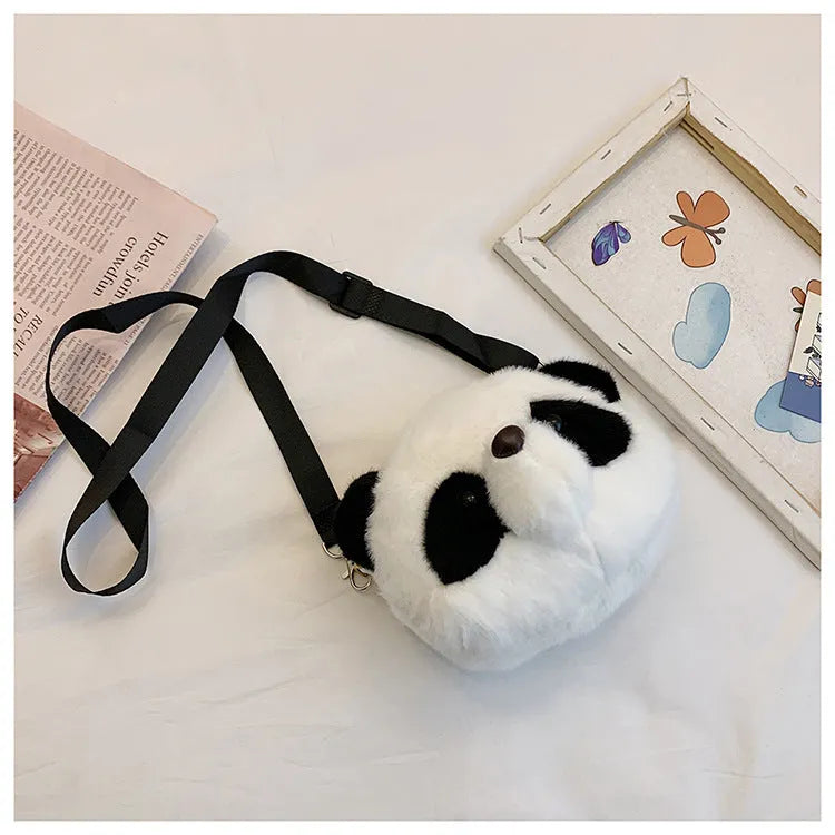 Cylindrical crossbody bag with panda head design, plush material, dimensions 18x15x8cm