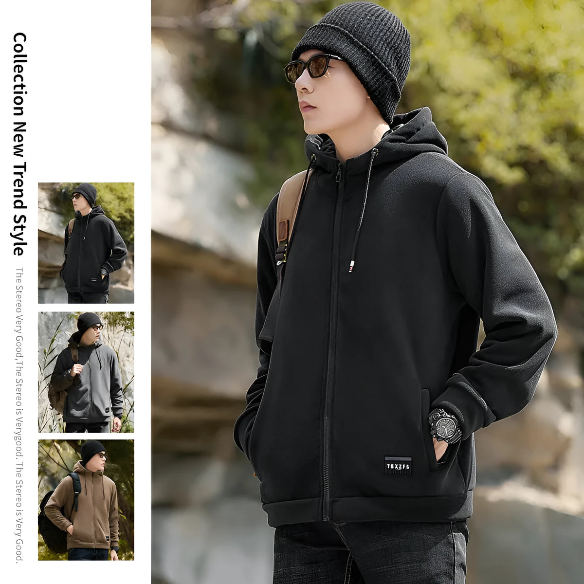 Men's hooded jacket in camel, black, or gray, loose fit with wool liner and long sleeves, sizes M-8XL