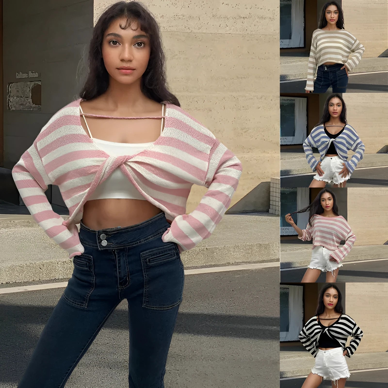 Striped long-sleeved mercerised cotton sweater with exposed navel detail in multiple colour options
