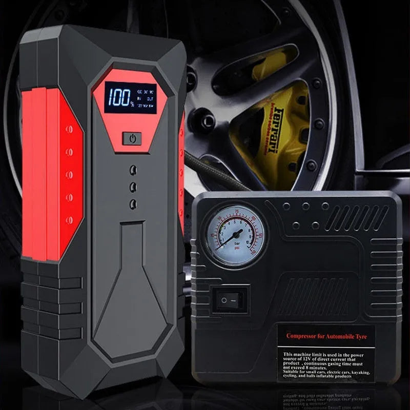 Red 12V car emergency jump starter power bank with battery clamps and 18800mAh capacity