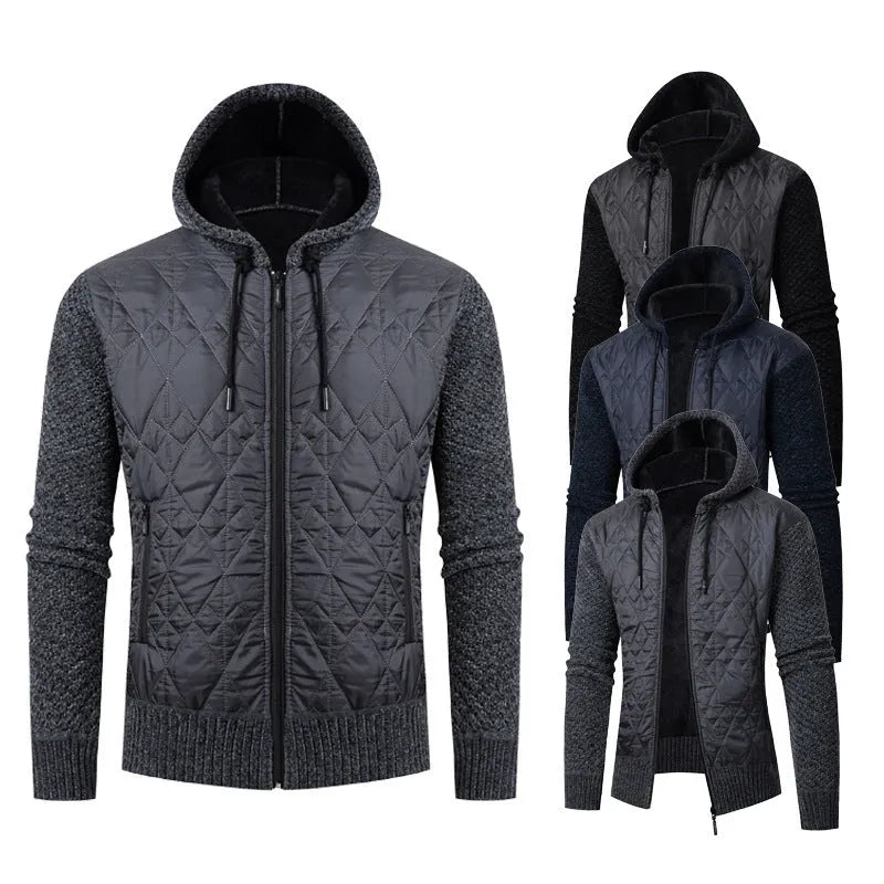 Men's grey hooded sweater coat with cinched style, wool and corduroy fabric, for winter leisure wear.