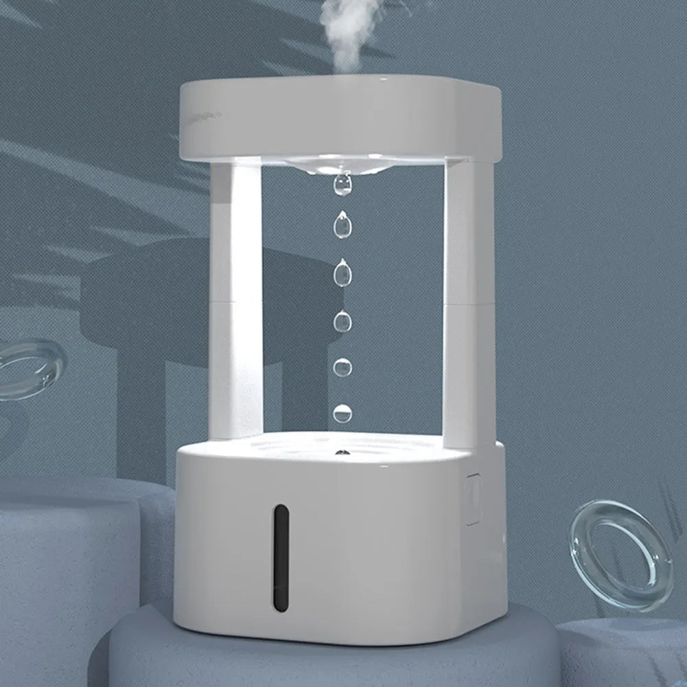 White anti-gravity water drop humidifier with floating droplets illusion and USB cable