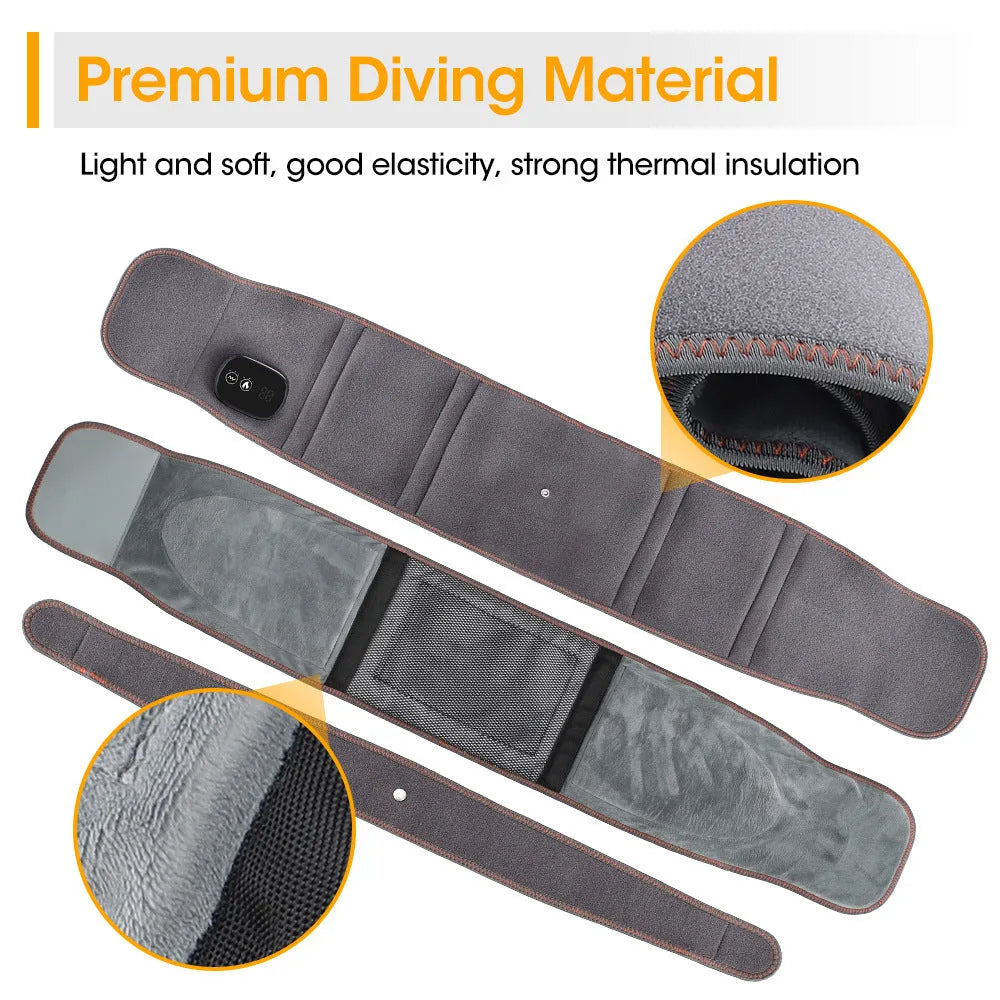 Grey fabric rechargeable electric heating belt with adjustable strap for back and waist warmth.