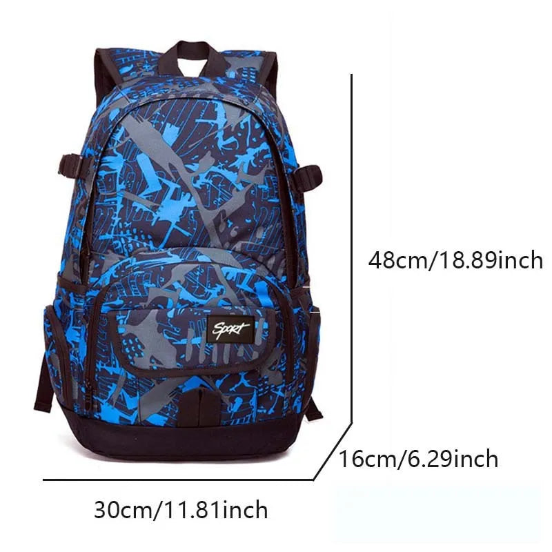 Blue classic nylon backpack with front zipped pocket, showing adjustable padded shoulder straps and 30-litre capacity