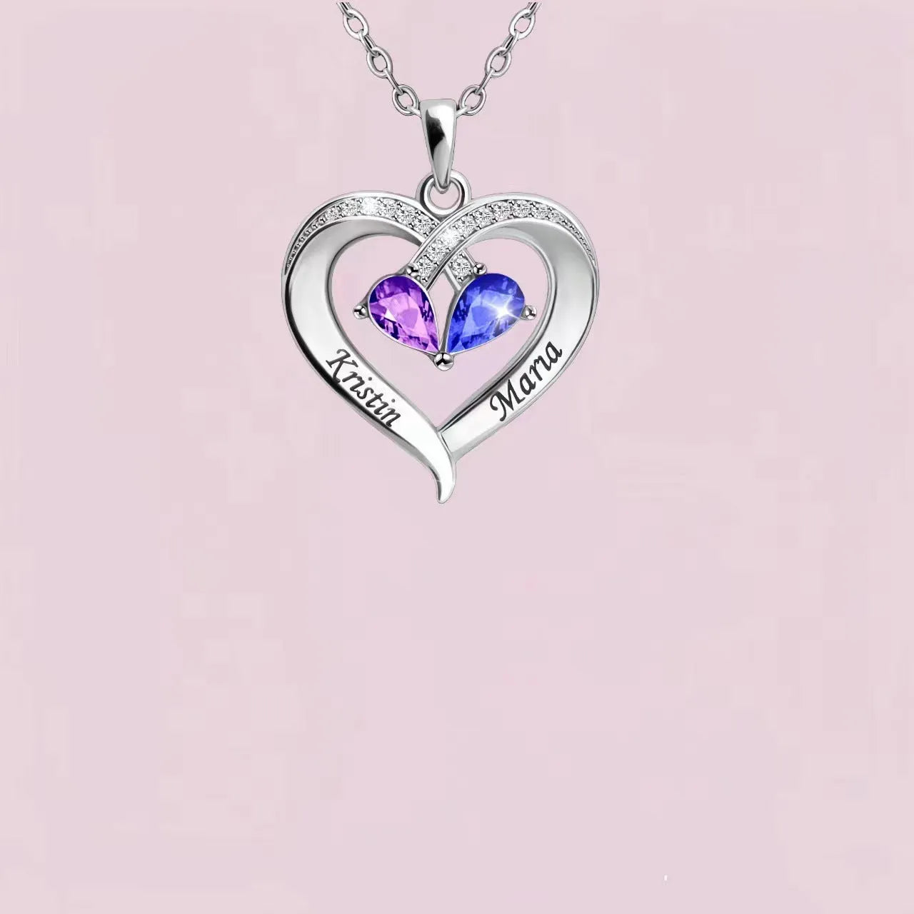 Two-colour water drop heart shape pendant necklace with diamond and birthstone on a gold chain.
