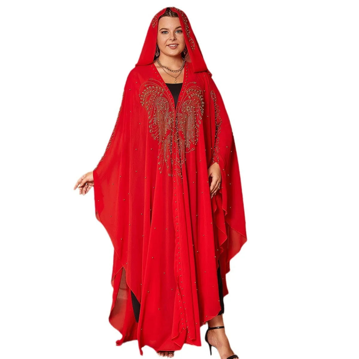 Muslim-style chiffon cape shawl with rhinestone beading in multiple colour options showing 135-175 cm length