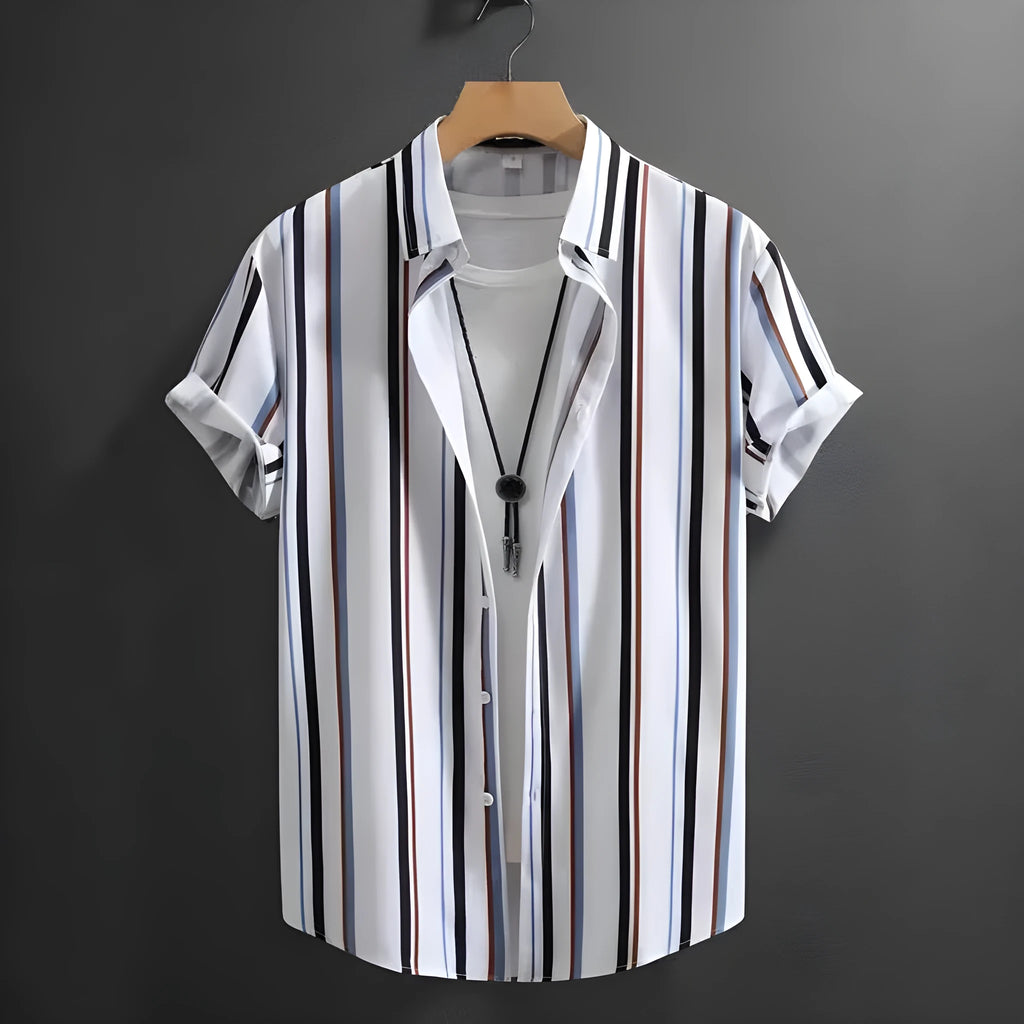 Men's striped short sleeve stand collar shirt in loose cardigan style for summer casual wear