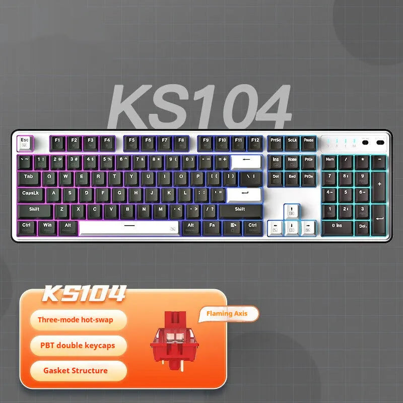 Red Dragon mechanical keyboard with 104 keys in black white colour and RGB backlighting on a desk