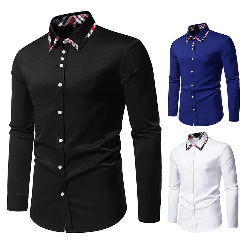 Men's blue plaid shirt with triangle collar and long sleeves, casual style, on hanger