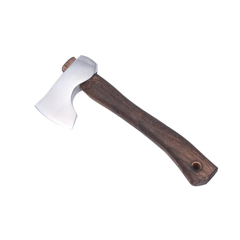 Camping axe with wooden handle and high carbon steel head, measuring 250mm in length with 0.39kg total weight