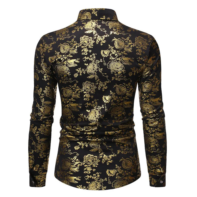 Men's metal bronzing printed lapel shirt with elastic fabric in wine red, showing cardigan style front and long sleeves