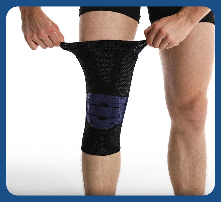 Black and blue knee pads with adjustable sizing for sports protection, made from nylon and spandex materials