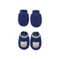 Baby cotton gloves, foot covers, and cap set shown in multiple colour options including pink, blue, grey, and white.