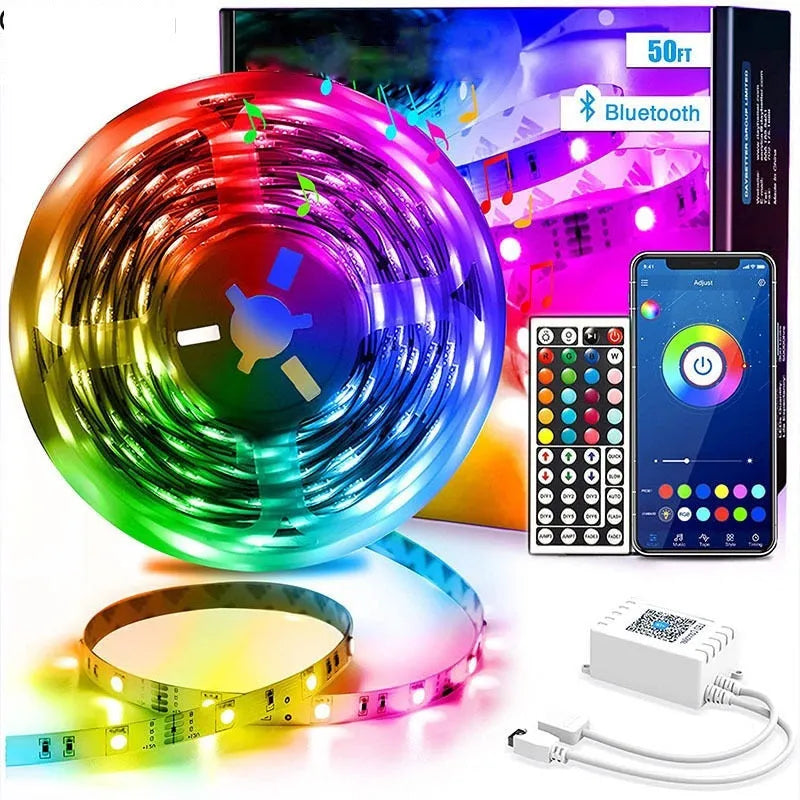 LED5050RGB44 Bluetooth light strip with 44-key remote, showing colour-changing LEDs on a 5-metre roll and IP65 waterproof epoxy coating.