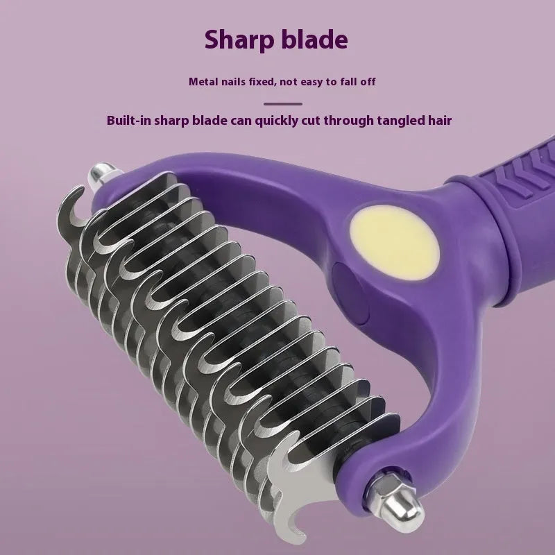 Purple double-sided plastic pet comb for detangling dog and cat fur.