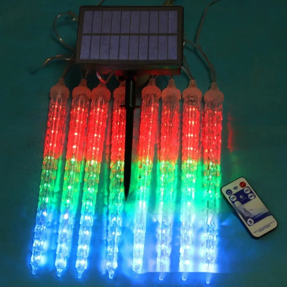 LED ice cone-shaped meteor shower garden light with remote control on a bracket.
