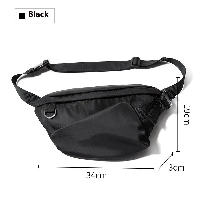 Black men's slanted chest bag with sewing line detail, made from Oxford fabric.