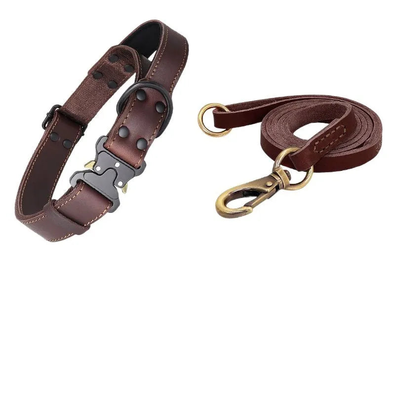 Leather dog bandana collar and pulling rope set in black and brown colour options with Christmas gift box