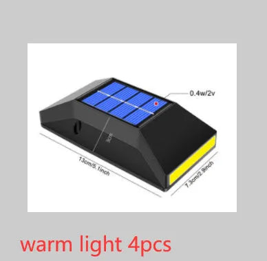 Solar-powered outdoor wall light with six LEDs measuring 130mm by 73mm