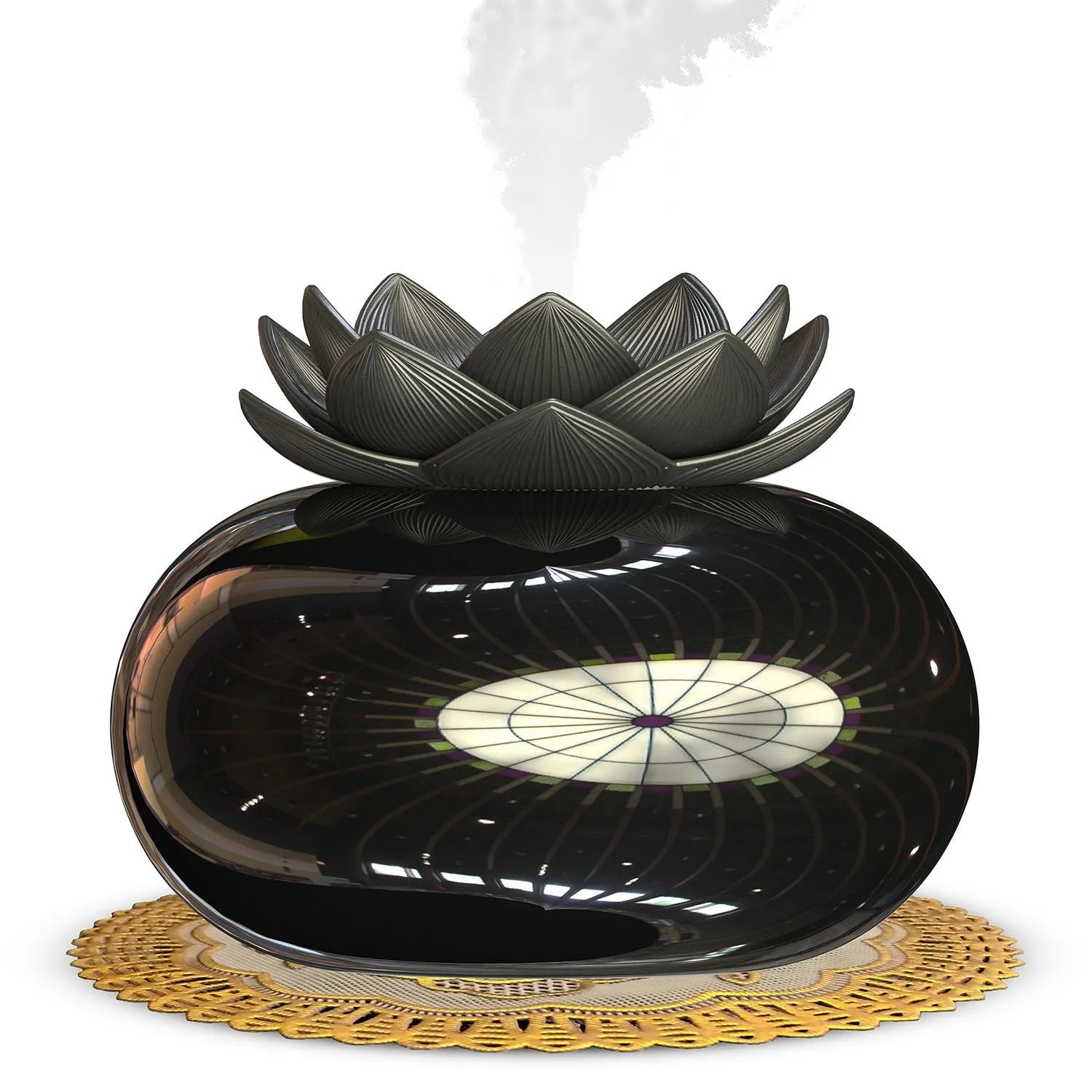 Black round Lotus aromatherapy humidifier with USB cable connection showing mist output