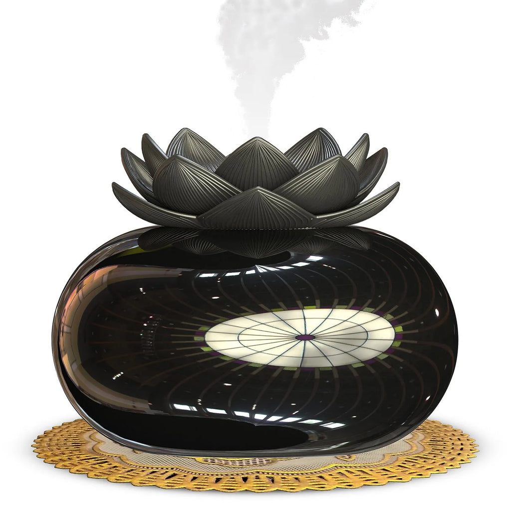 Black round ultrasonic humidifier with USB cable, ceramic aromatherapy component, and mechanical control dial