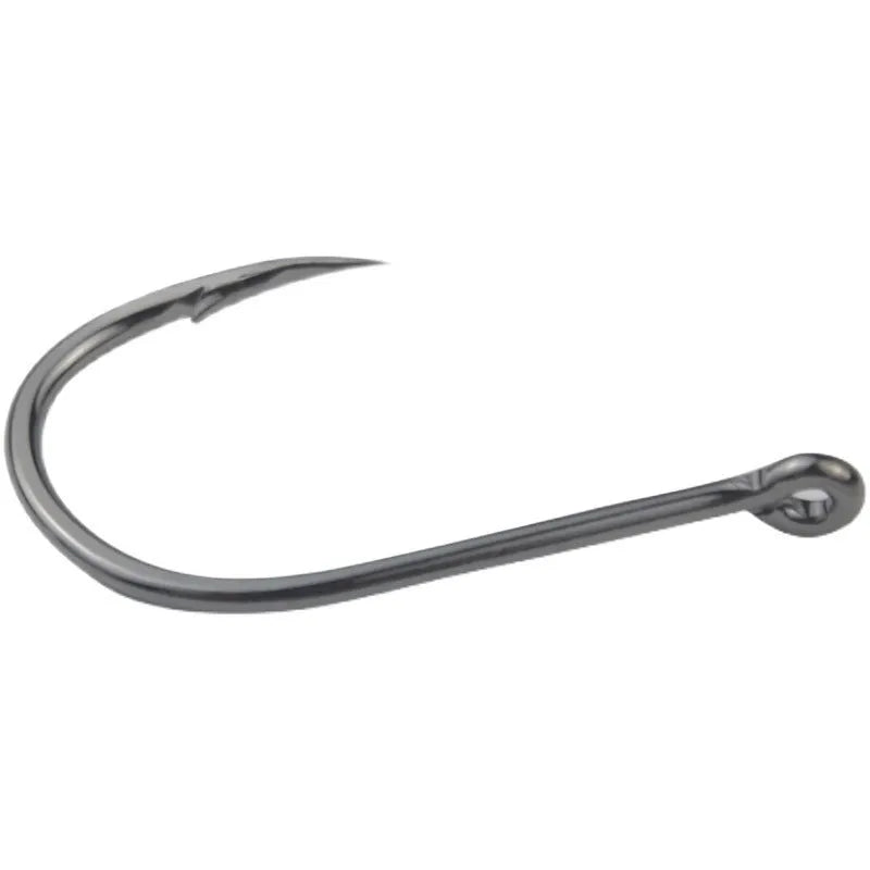 Bulk pack of barbed crooked mouth fishing hooks for sea fishing, made from alloy carbon steel.