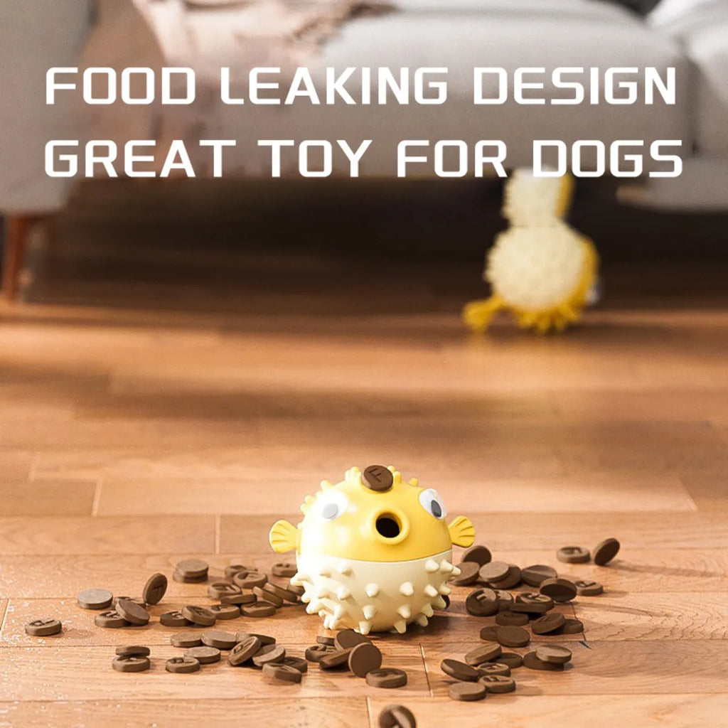Yellow fish-shaped dog chew toy with textured surface and squeaker, measuring 20cm long