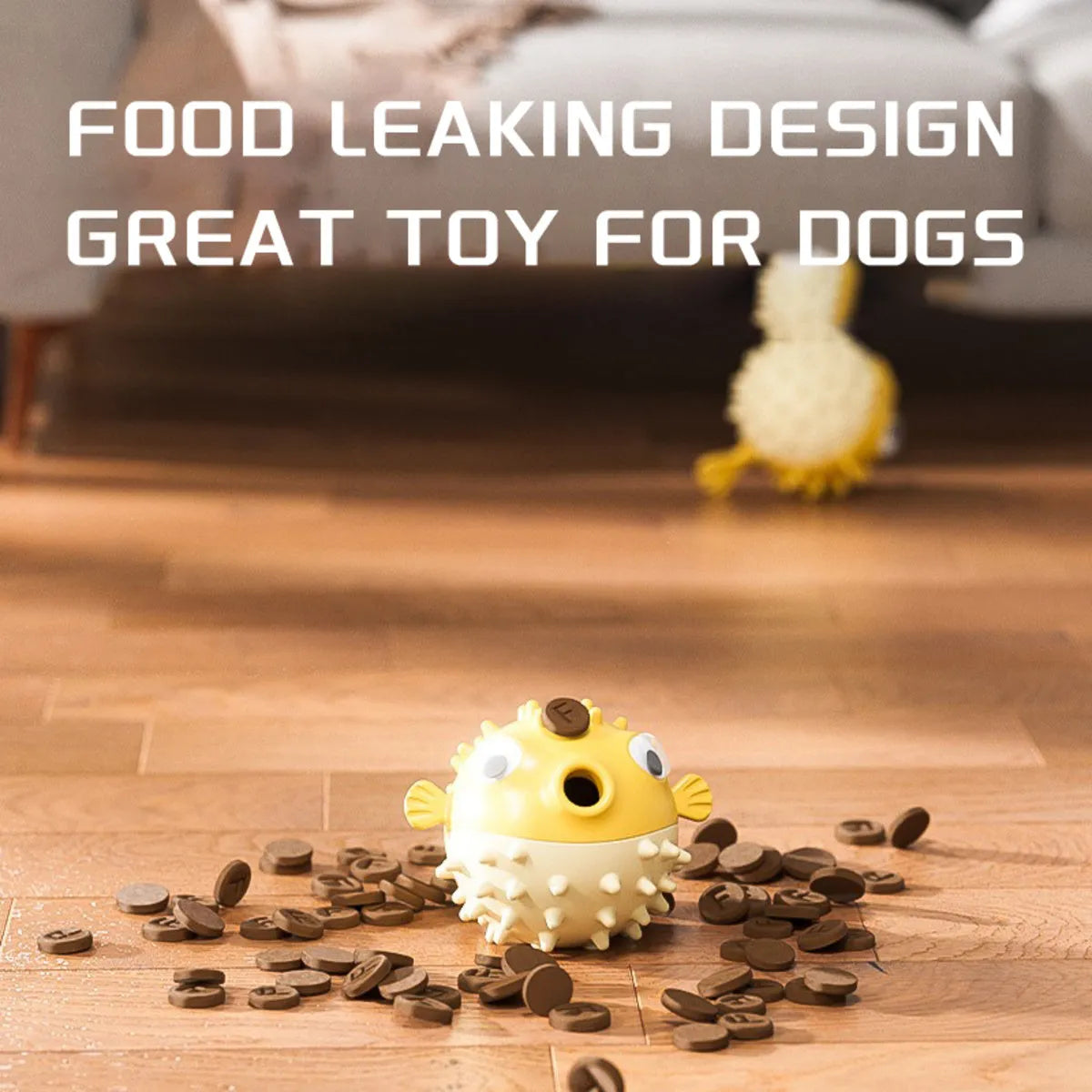 Yellow fish-shaped dog chew toy with textured surface and squeaker, measuring 20cm long