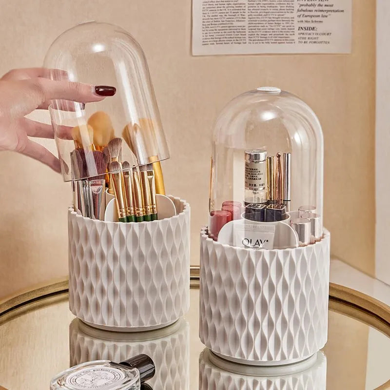White rotating acrylic makeup brush storage box with transparent lid on desktop