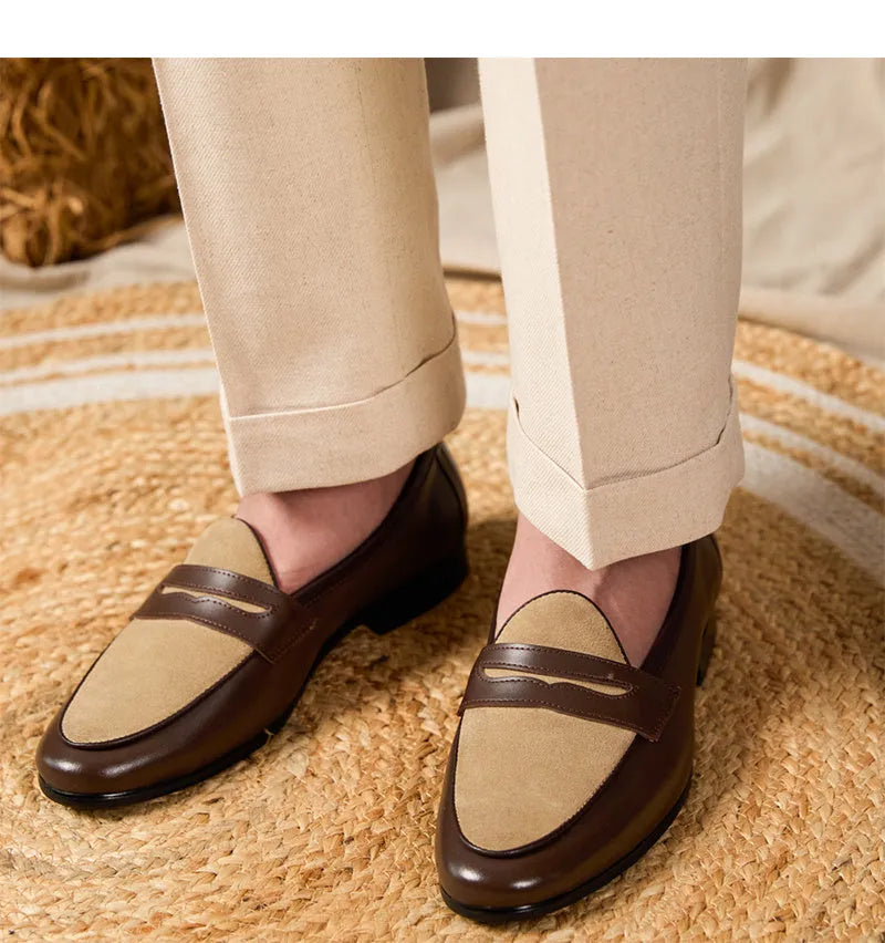 Men's champagne-coloured suede leather loafers with a slip-on design and rubber sole.
