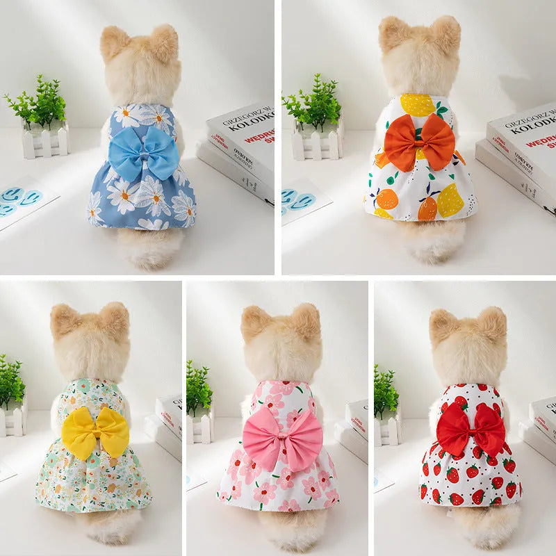 Ultra-thin polyester pet dress with floral butterfly knot in blue bow colour, size L for dogs or cats