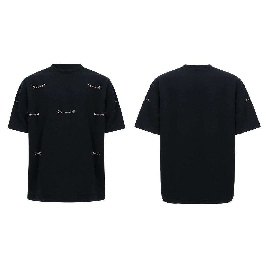 Black men's T-shirt with metal chain detail on padded shoulders, short sleeves, and round neck.