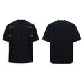 Black men's T-shirt with metal chain detail on padded shoulders, short sleeves, and round neck.