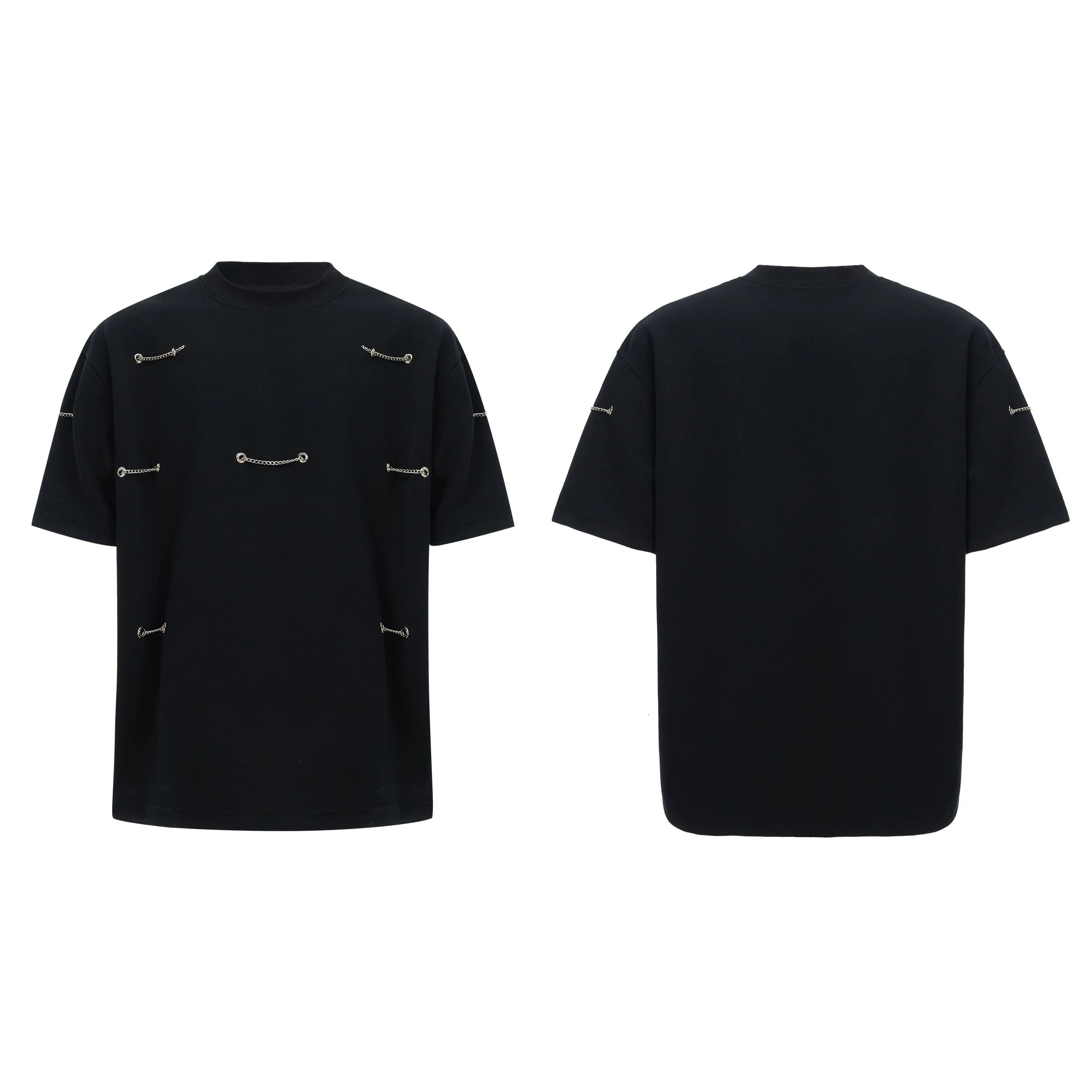 Black men's T-shirt with metal chain detail on padded shoulders, short sleeves, and round neck.