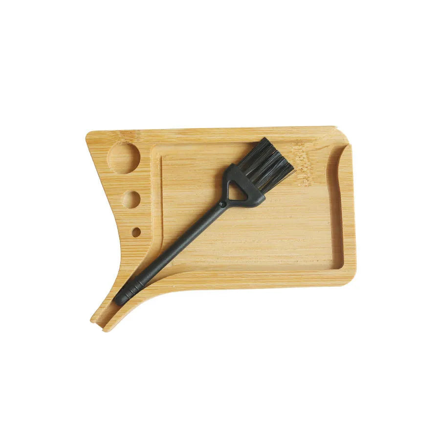 Bamboo slotted funnel-type cigarette tray set, 13.2cm long, 10cm wide, with 11 x 2.5cm brush in wood colour