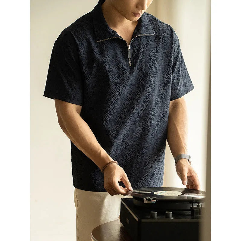 Men's cedar green ice silk short sleeve shirt with loose fit for summer leisure activities