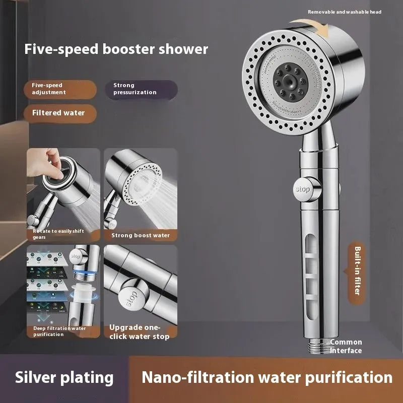 Silver portable shower head with five spray functions including massage and bubble modes