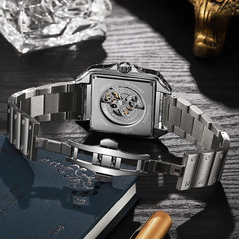 Men's automatic watch with square diamond-studded face and 6066A stainless steel or leather belt in black or white