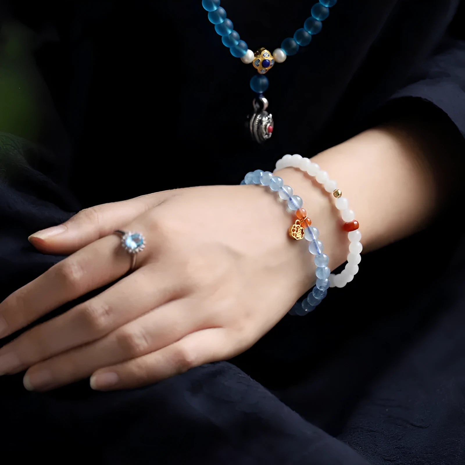 Ice transparent aquamarine crystal bead bracelet with 8mm round beads and sequin detailing