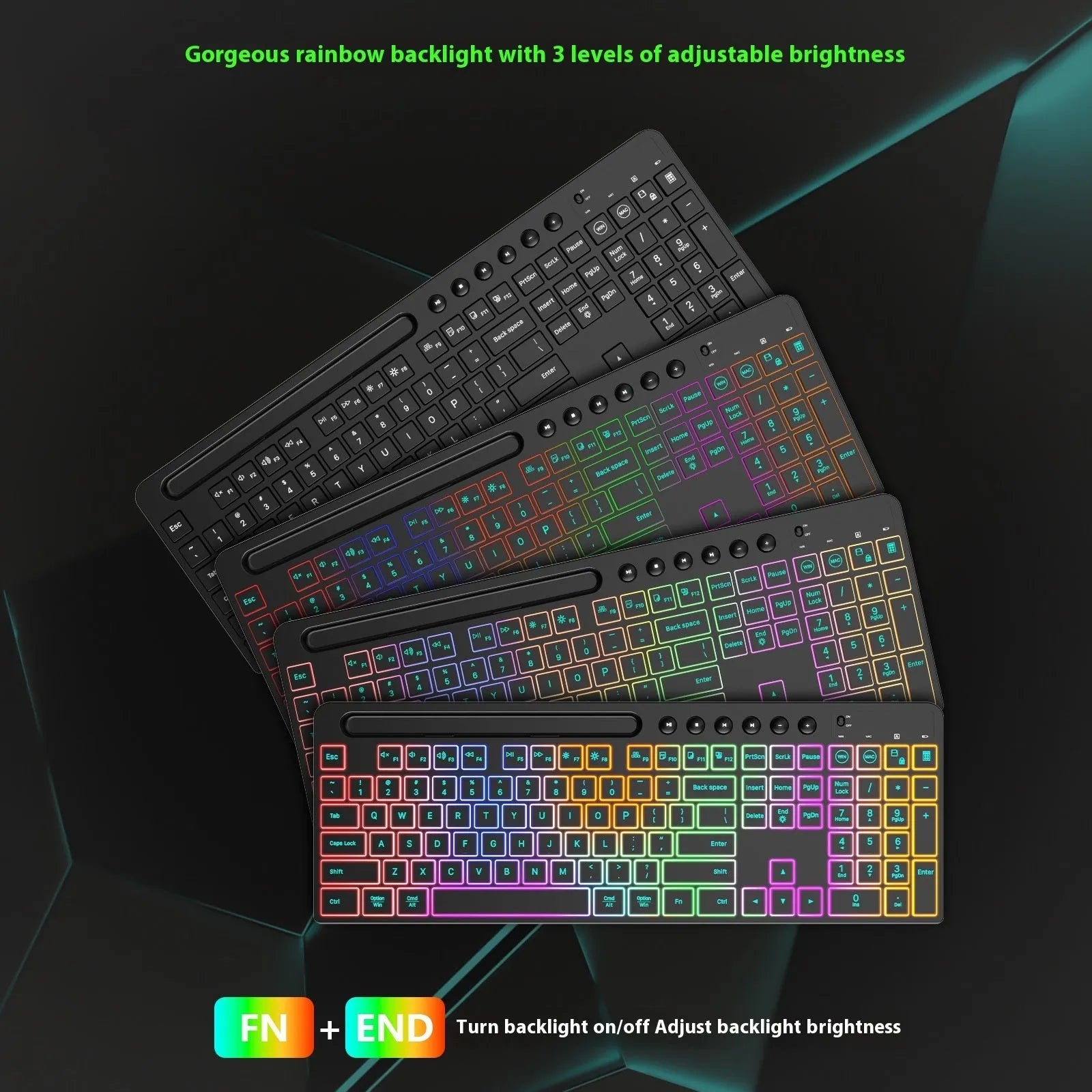 Wireless keyboard and mouse one-piece set with luminous keys and a card slot on a desk.