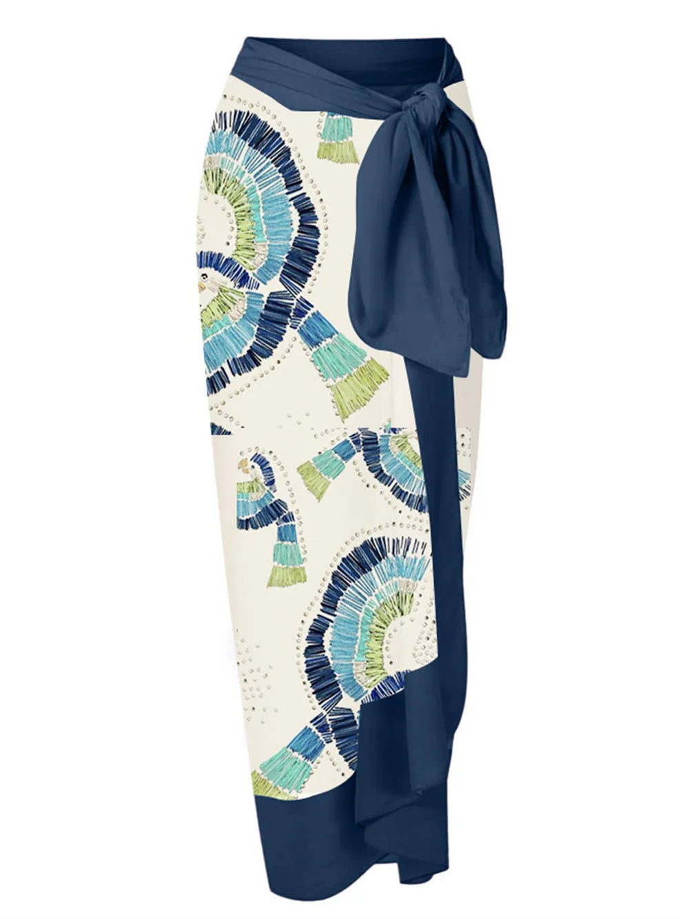 White women's one-shoulder swimsuit with large lotus leaf design and side split, double-layer front for coverage.